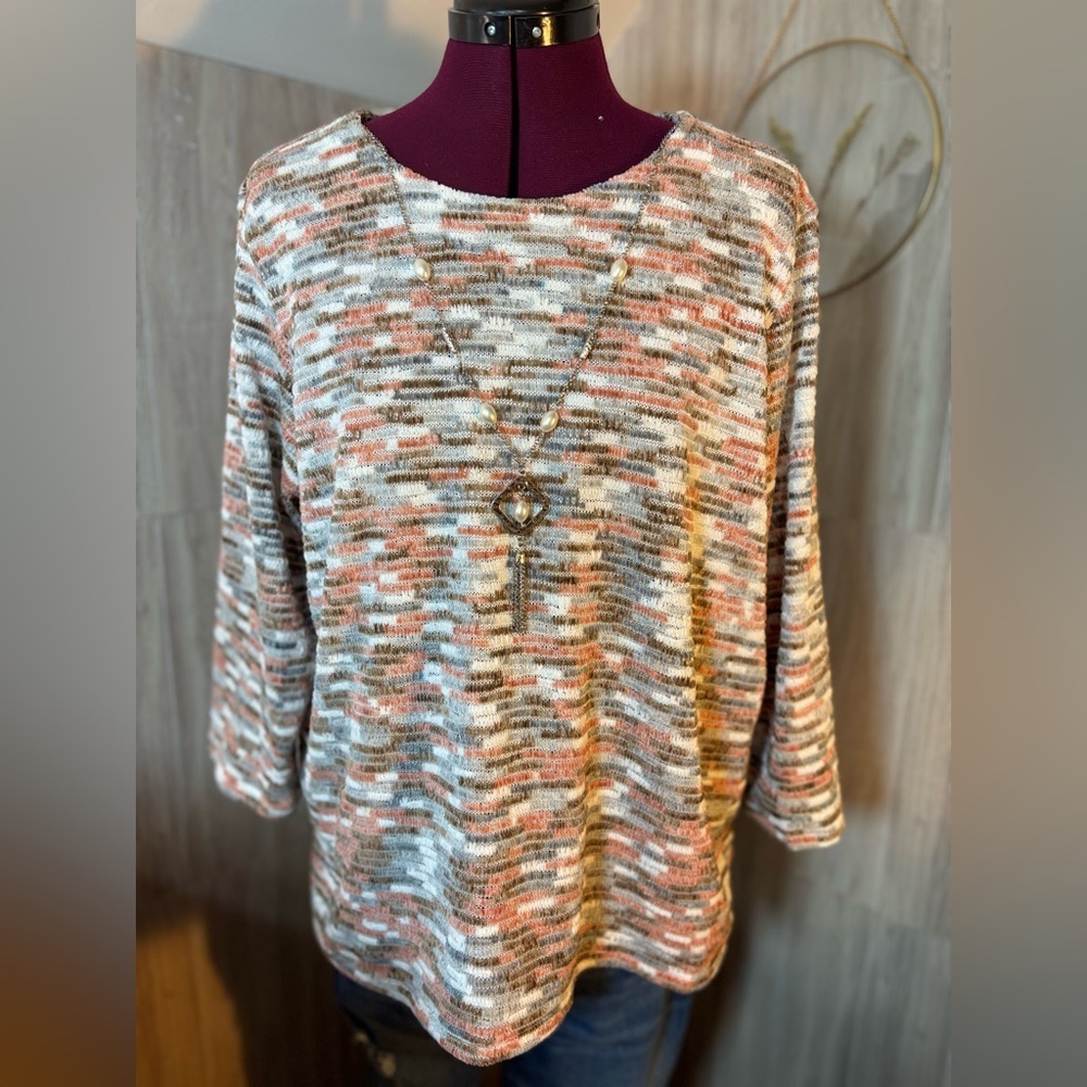 Alfred Dunner Multicolor Knit Top in Cream, Tan & Coral